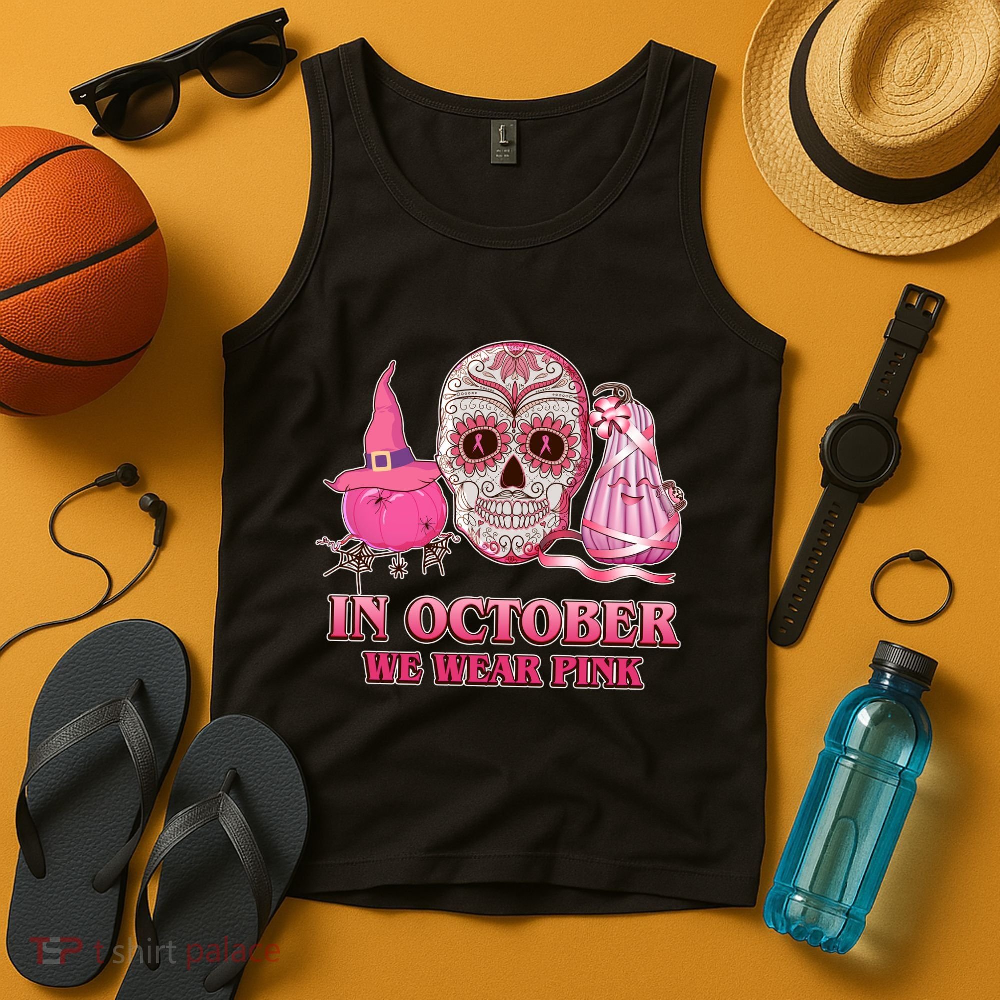 In October We Wear Pink Breast Cancer Halloween Skull Tank Top