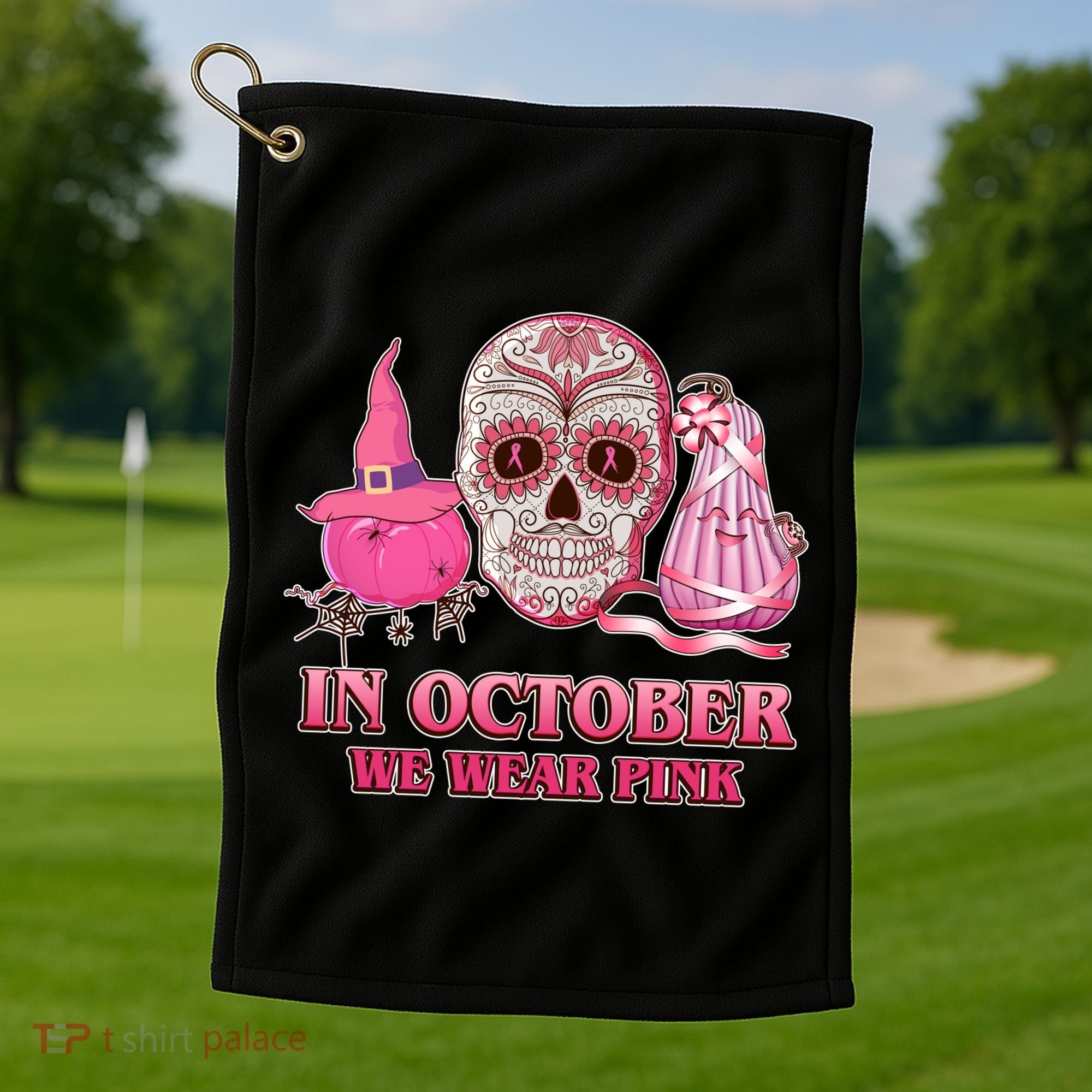 In October We Wear Pink Breast Cancer Halloween Skull Golf Towel