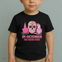 In October We Wear Pink Breast Cancer Halloween Skull Toddler T-Shirt thumb 2