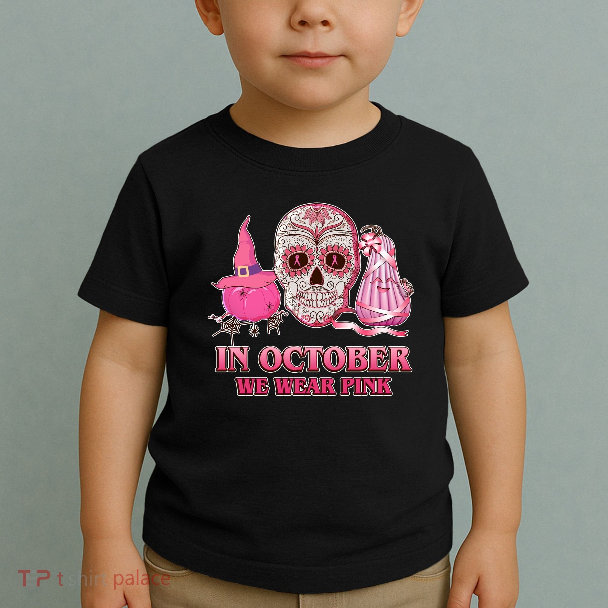 In October We Wear Pink Breast Cancer Halloween Skull Toddler T-Shirt