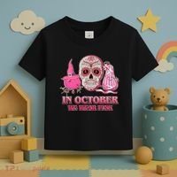 In October We Wear Pink Breast Cancer Halloween Skull Toddler T-Shirt thumb 3