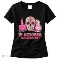 In October We Wear Pink Breast Cancer Halloween Skull Women's T-Shirt thumb 0