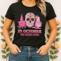 In October We Wear Pink Breast Cancer Halloween Skull Women's T-Shirt thumb 2