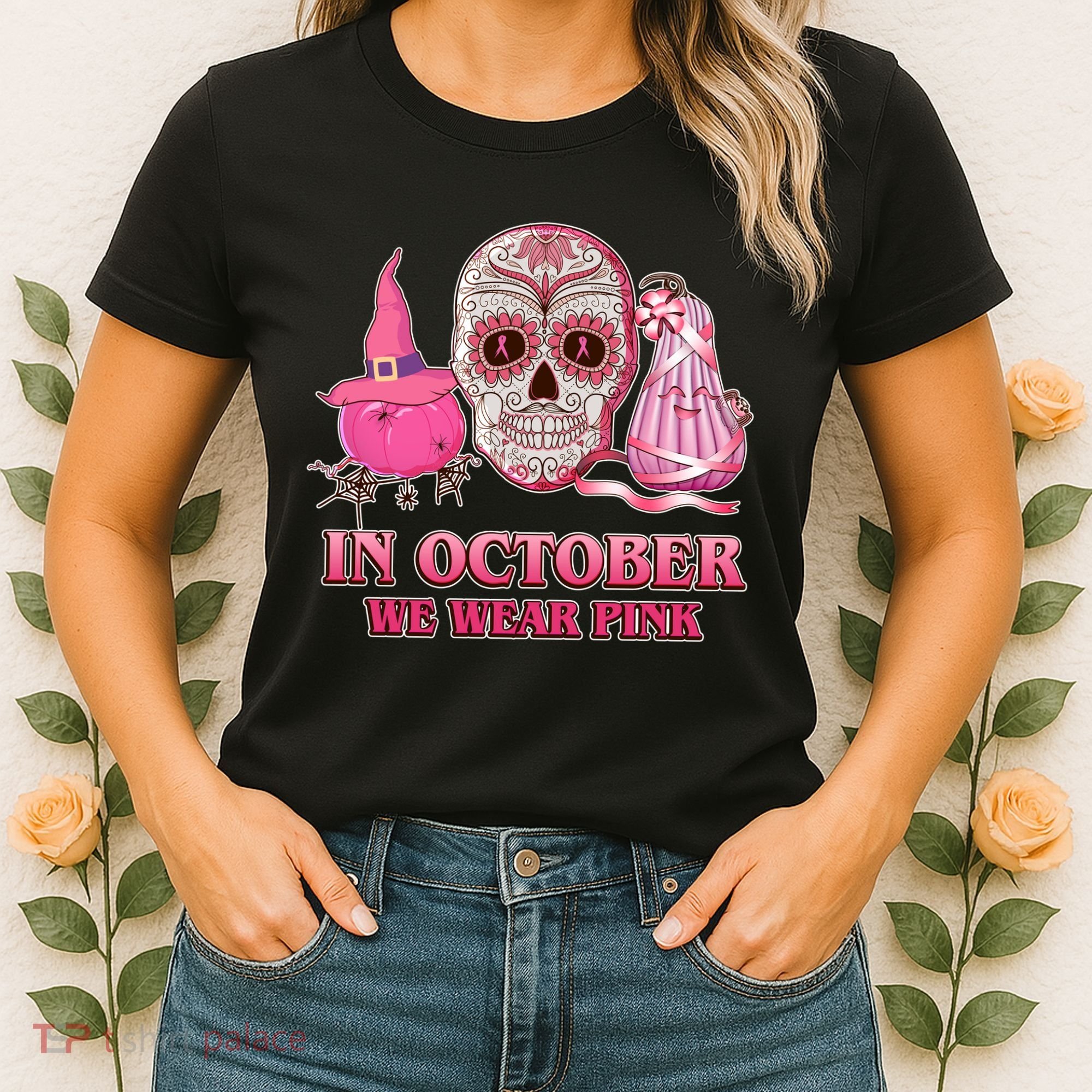 In October We Wear Pink Breast Cancer Halloween Skull Women's T-Shirt