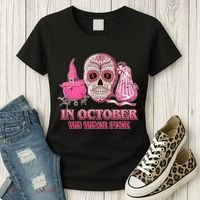 In October We Wear Pink Breast Cancer Halloween Skull Women's T-Shirt thumb 3