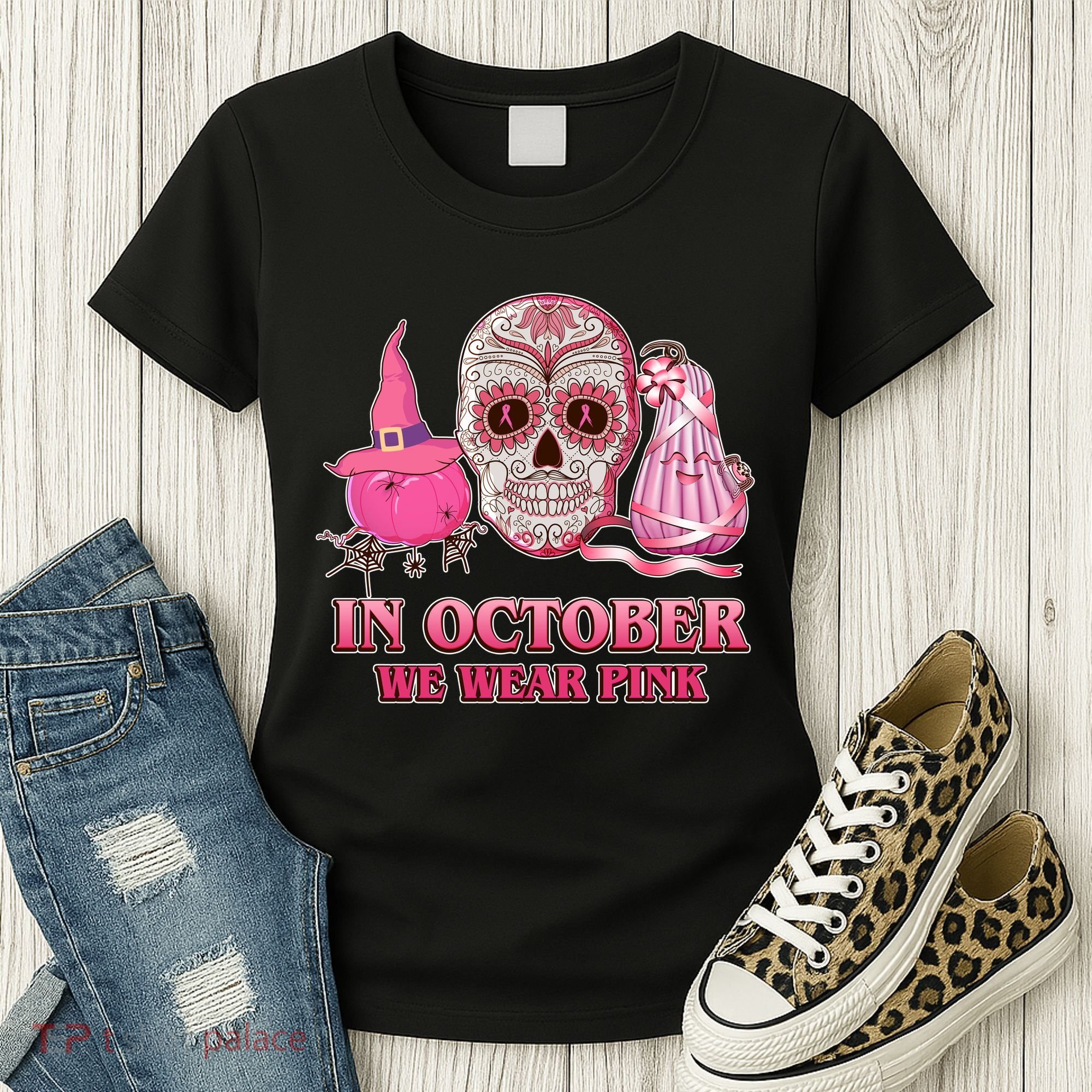 In October We Wear Pink Breast Cancer Halloween Skull Women's T-Shirt