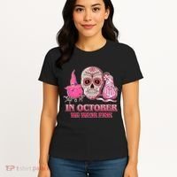 In October We Wear Pink Breast Cancer Halloween Skull Women's T-Shirt thumb 4