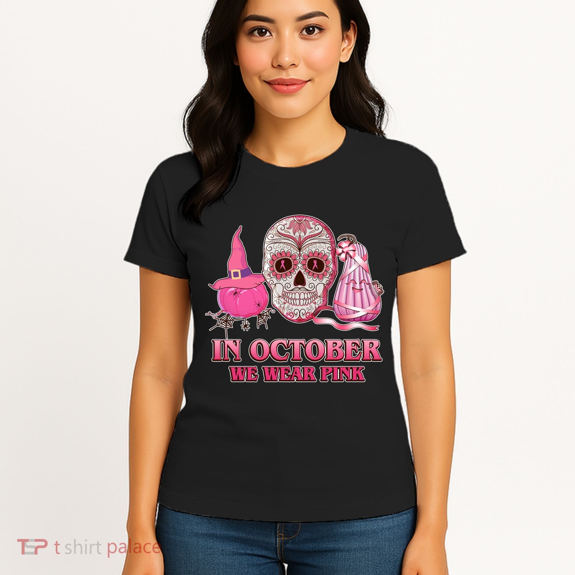 In October We Wear Pink Breast Cancer Halloween Skull Women's T-Shirt