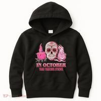 In October We Wear Pink Breast Cancer Halloween Skull Kids Hoodie thumb 0