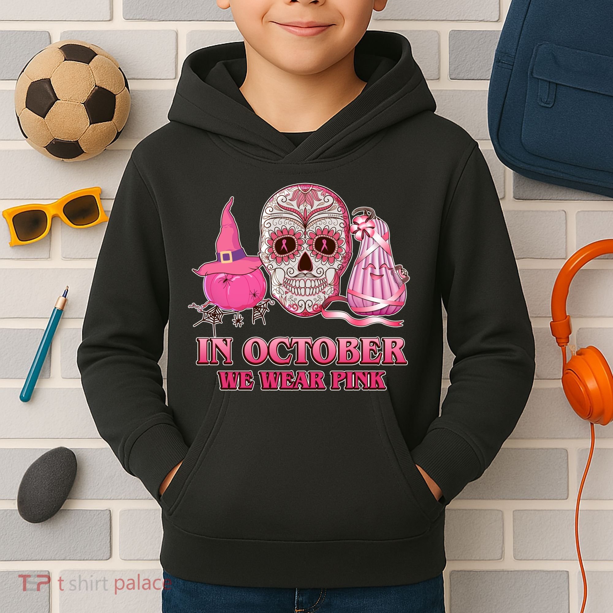 In October We Wear Pink Breast Cancer Halloween Skull Kids Hoodie