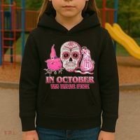 In October We Wear Pink Breast Cancer Halloween Skull Kids Hoodie thumb 3