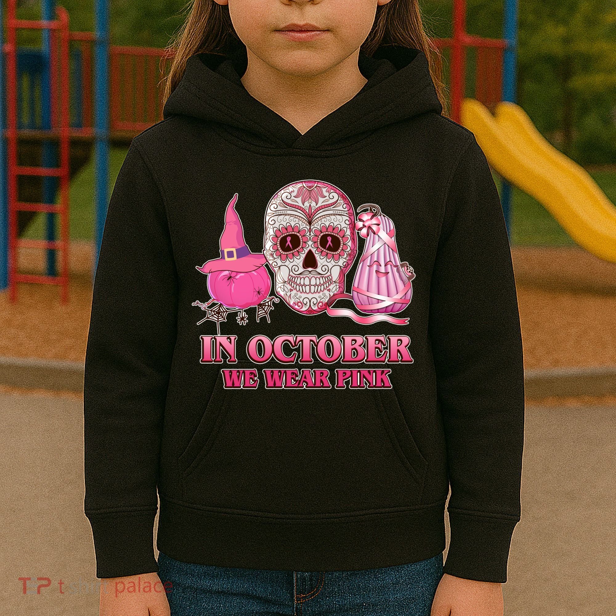 In October We Wear Pink Breast Cancer Halloween Skull Kids Hoodie