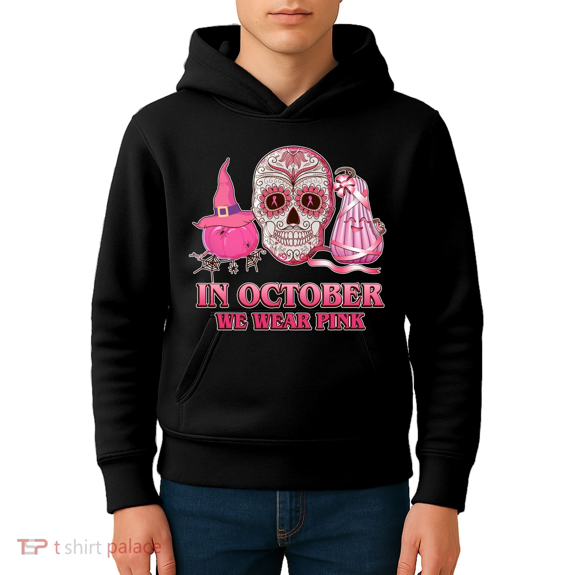In October We Wear Pink Breast Cancer Halloween Skull Kids Hoodie