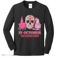 In October We Wear Pink Breast Cancer Halloween Skull Kids Long Sleeve Shirt thumb 0