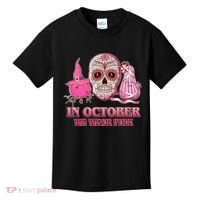 In October We Wear Pink Breast Cancer Halloween Skull Kids T-Shirt thumb 0