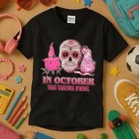 In October We Wear Pink Breast Cancer Halloween Skull Kids T-Shirt thumb 3