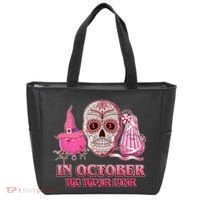 In October We Wear Pink Breast Cancer Halloween Skull Tote Bag thumb 0