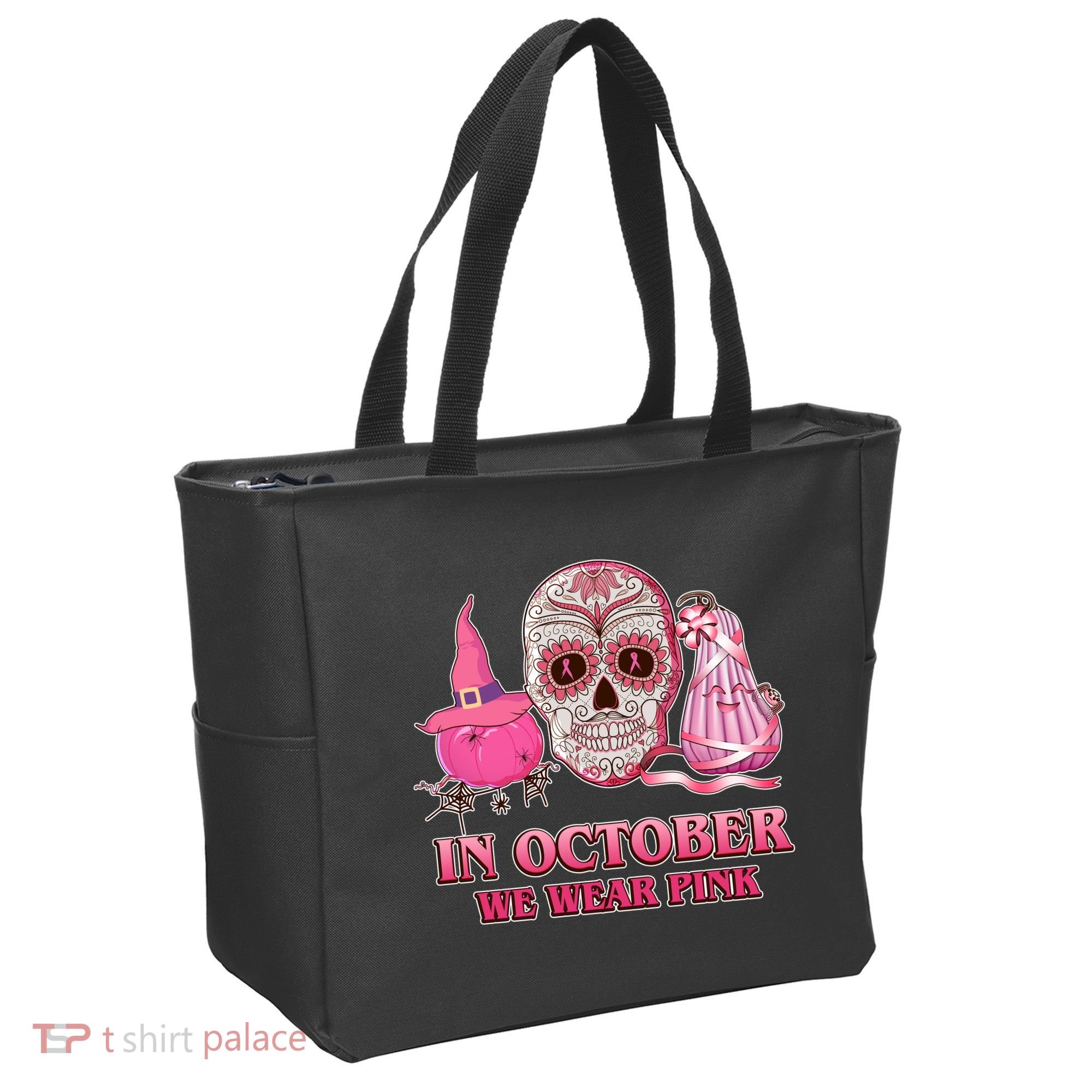 In October We Wear Pink Breast Cancer Halloween Skull Tote Bag