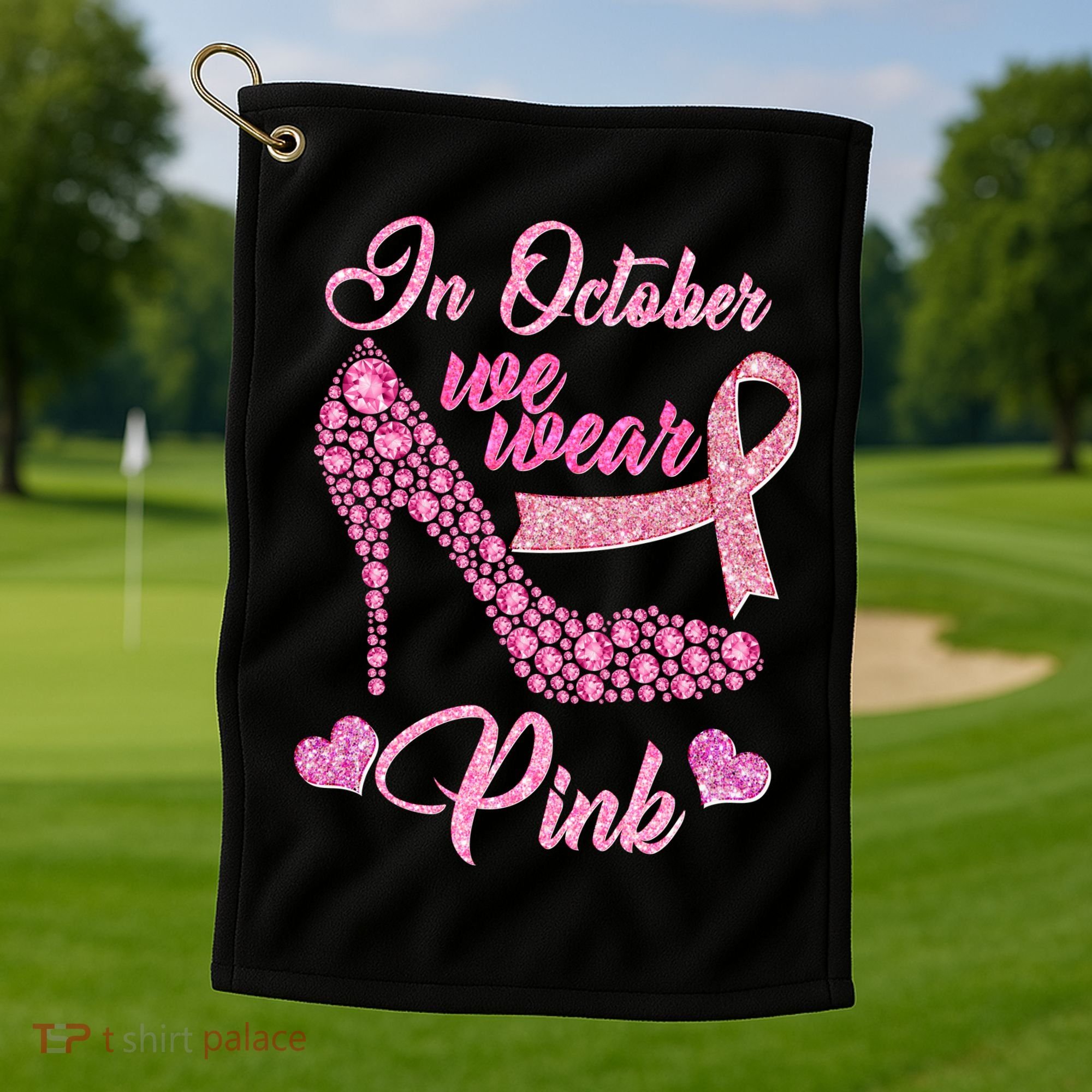 In October We Wear Pink Fancy Heel Ribbon Golf Towel