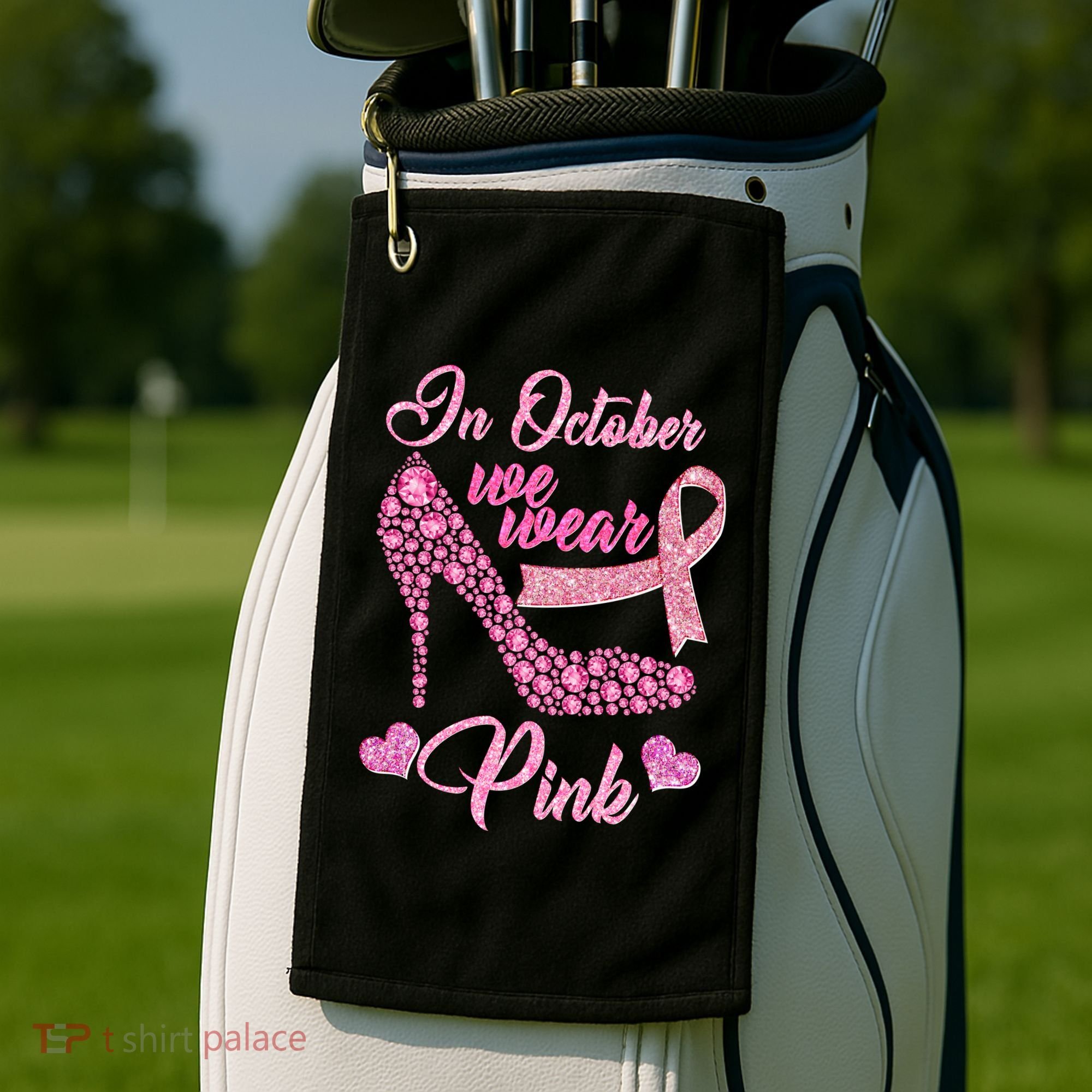 In October We Wear Pink Fancy Heel Ribbon Golf Towel