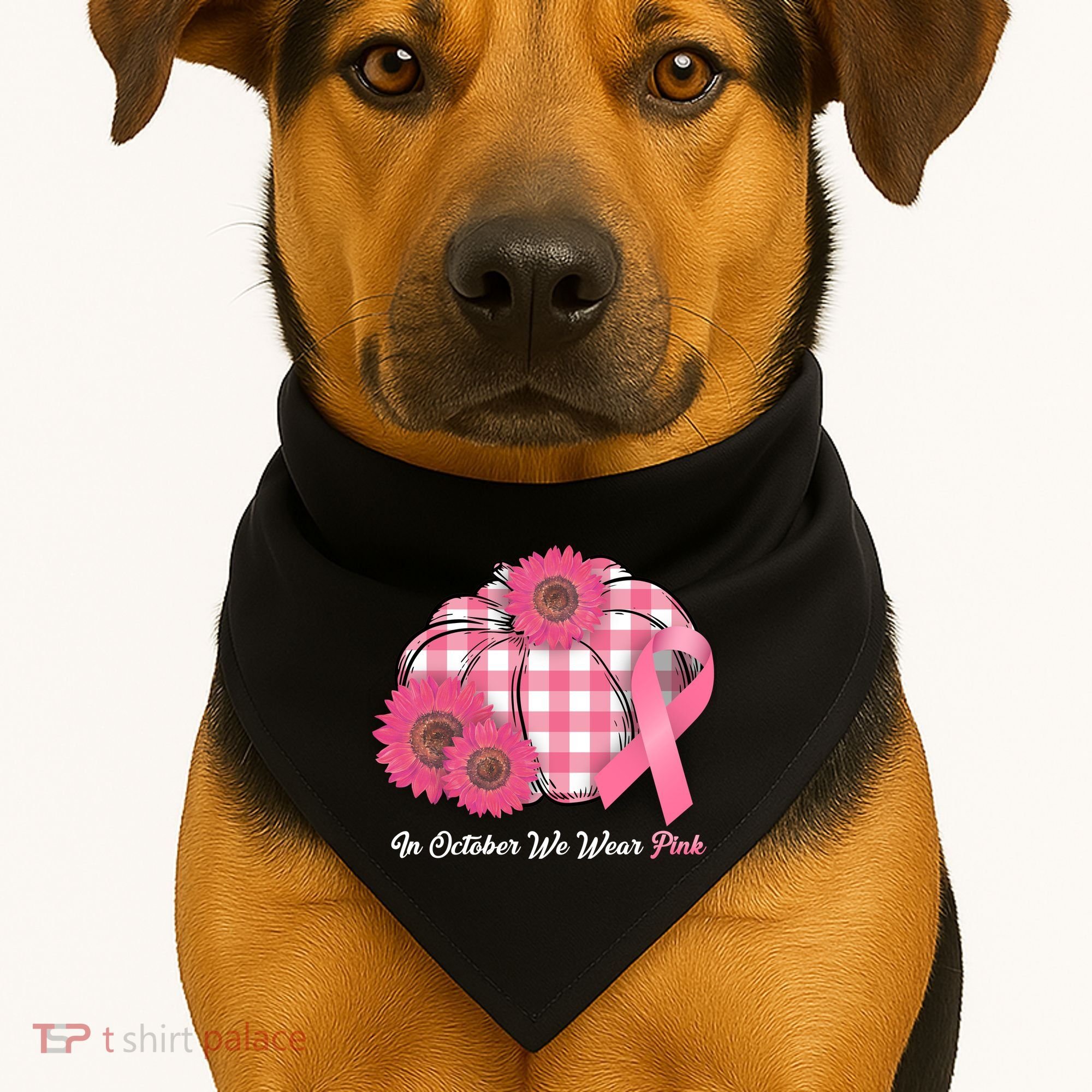 In October We Wear Pink Pumpkin Breast Cancer Plaid USA-Made Doggie Bandana