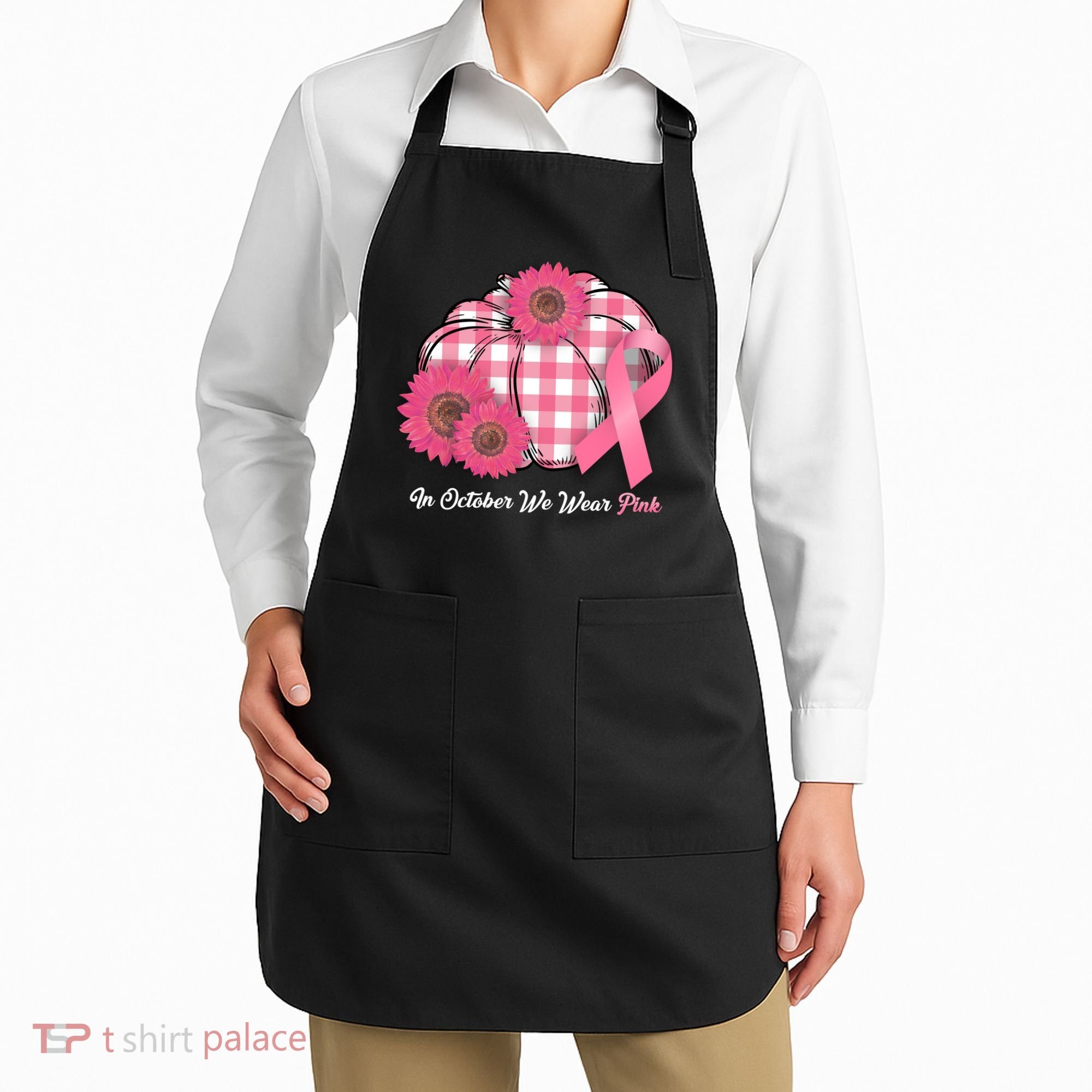 In October We Wear Pink Pumpkin Breast Cancer Plaid Apron