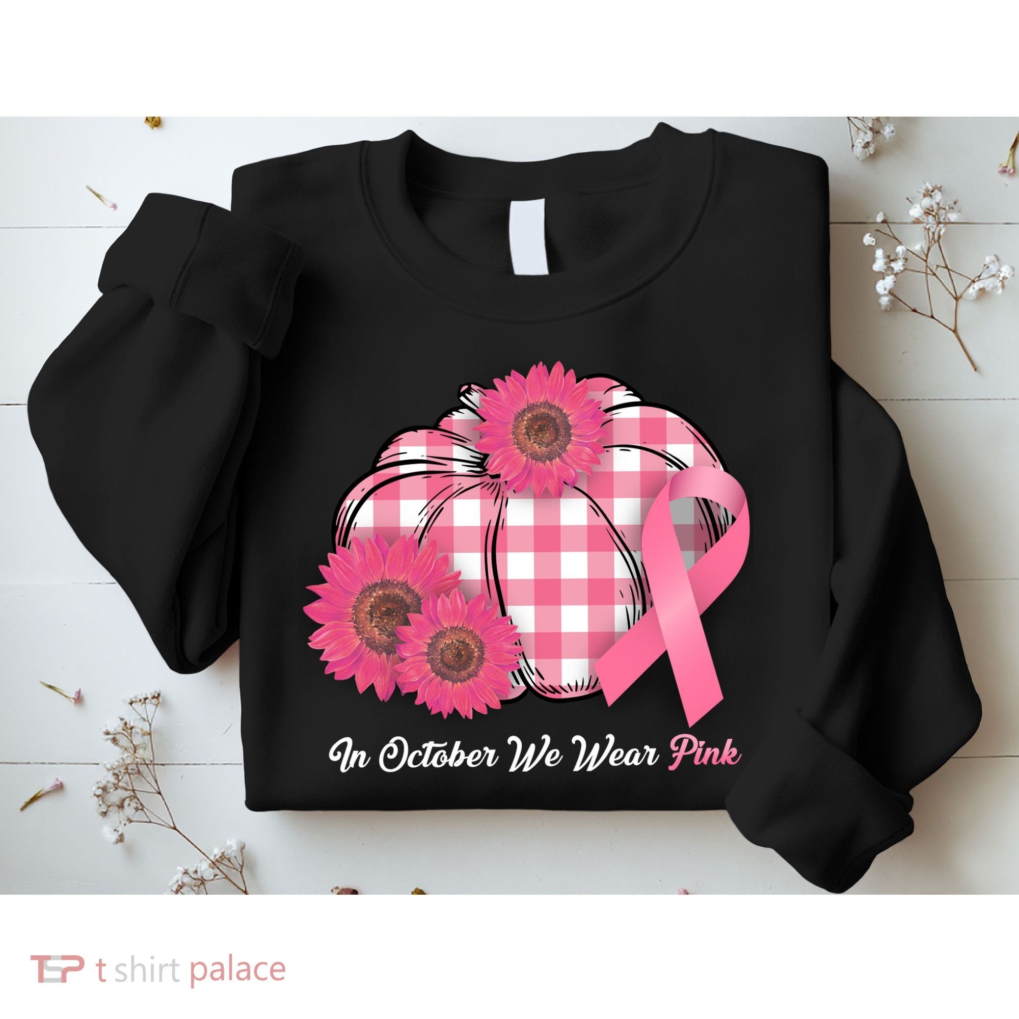 In October We Wear Pink Pumpkin Breast Cancer Plaid Sweatshirt