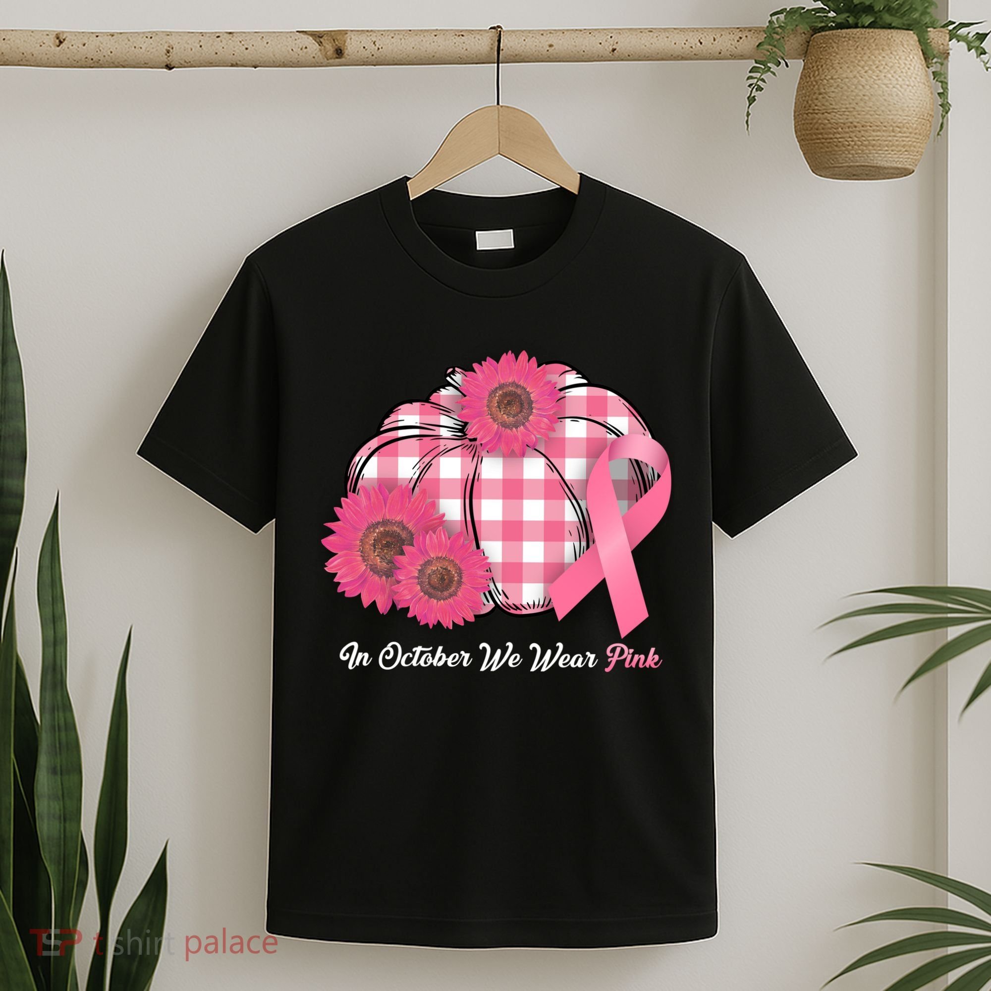 In October We Wear Pink Pumpkin Breast Cancer Plaid T-Shirt