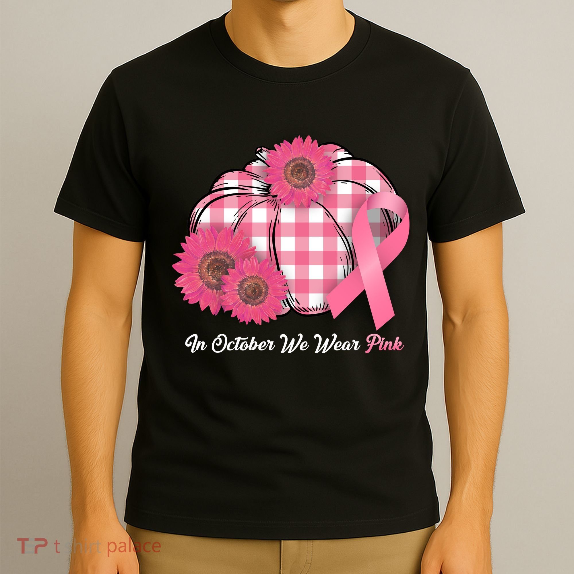 In October We Wear Pink Pumpkin Breast Cancer Plaid T-Shirt