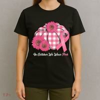 In October We Wear Pink Pumpkin Breast Cancer Plaid T-Shirt thumb 4