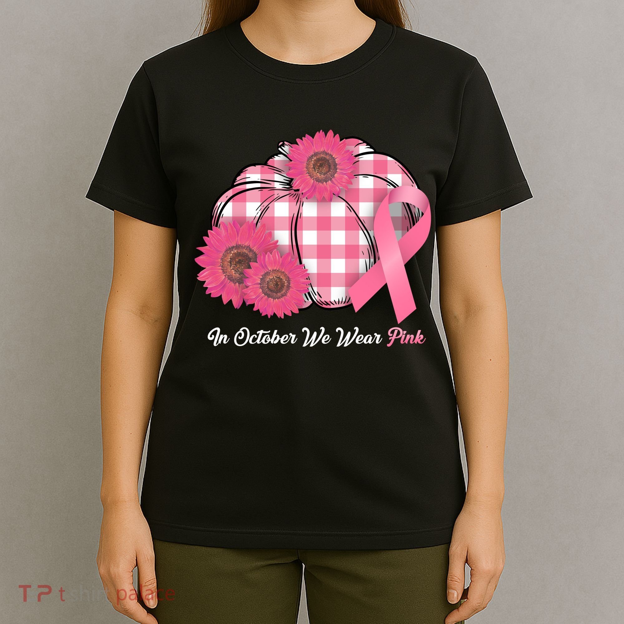 In October We Wear Pink Pumpkin Breast Cancer Plaid T-Shirt