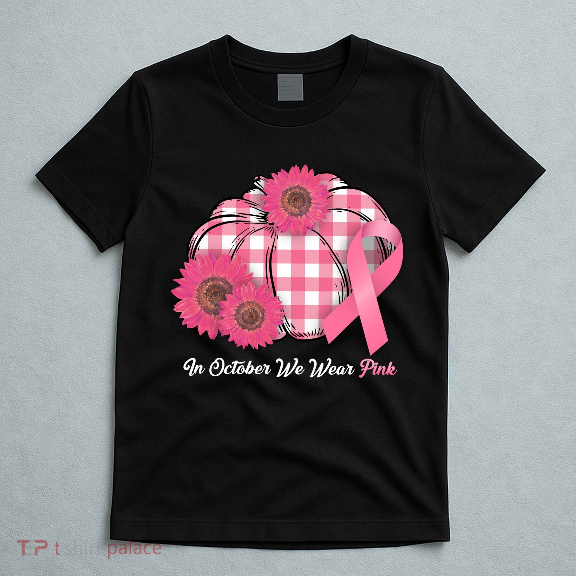 In October We Wear Pink Pumpkin Breast Cancer Plaid T-Shirt