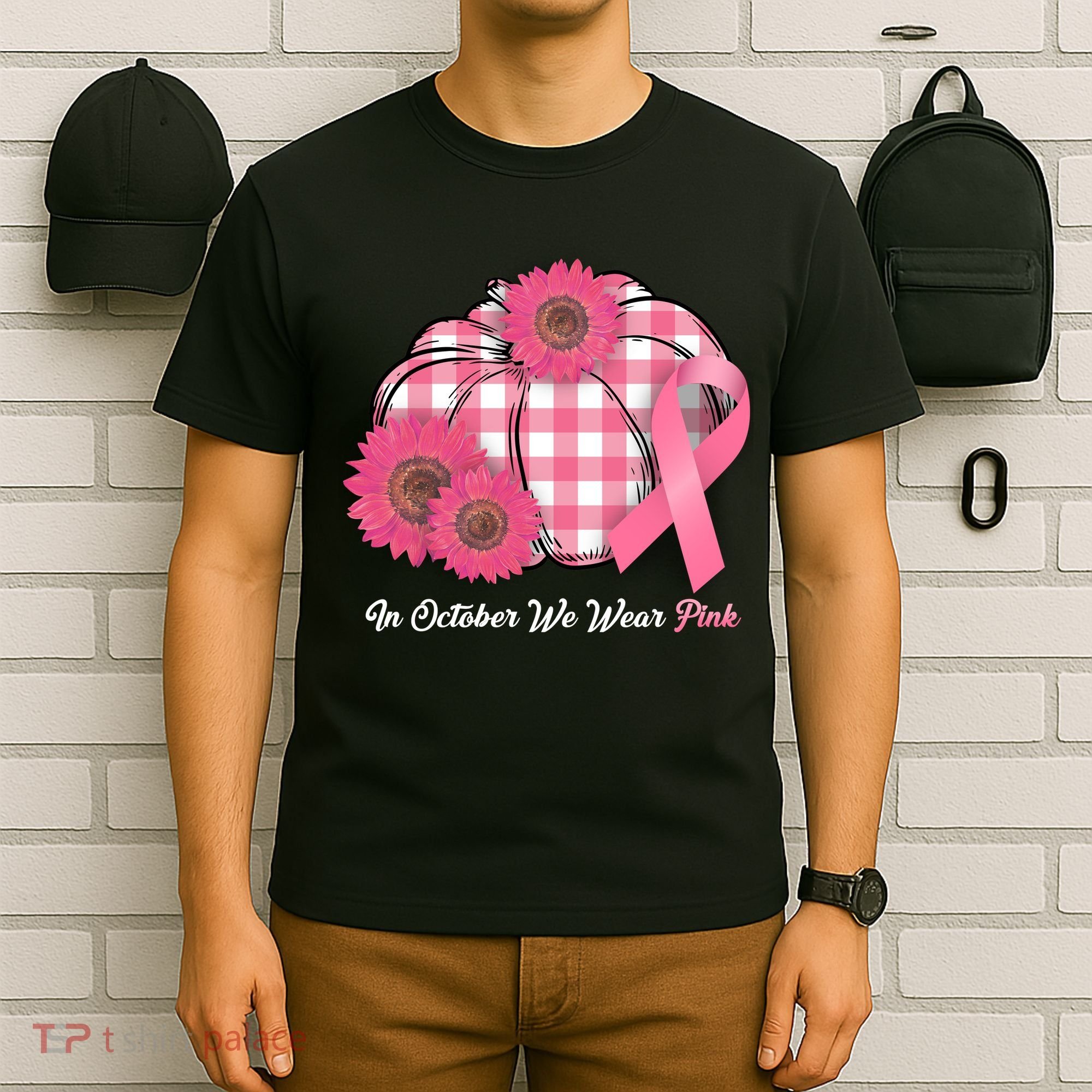 In October We Wear Pink Pumpkin Breast Cancer Plaid T-Shirt