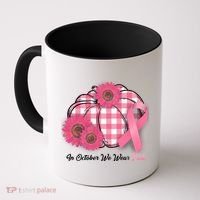 In October We Wear Pink Pumpkin Breast Cancer Plaid Coffee Mug thumb 0