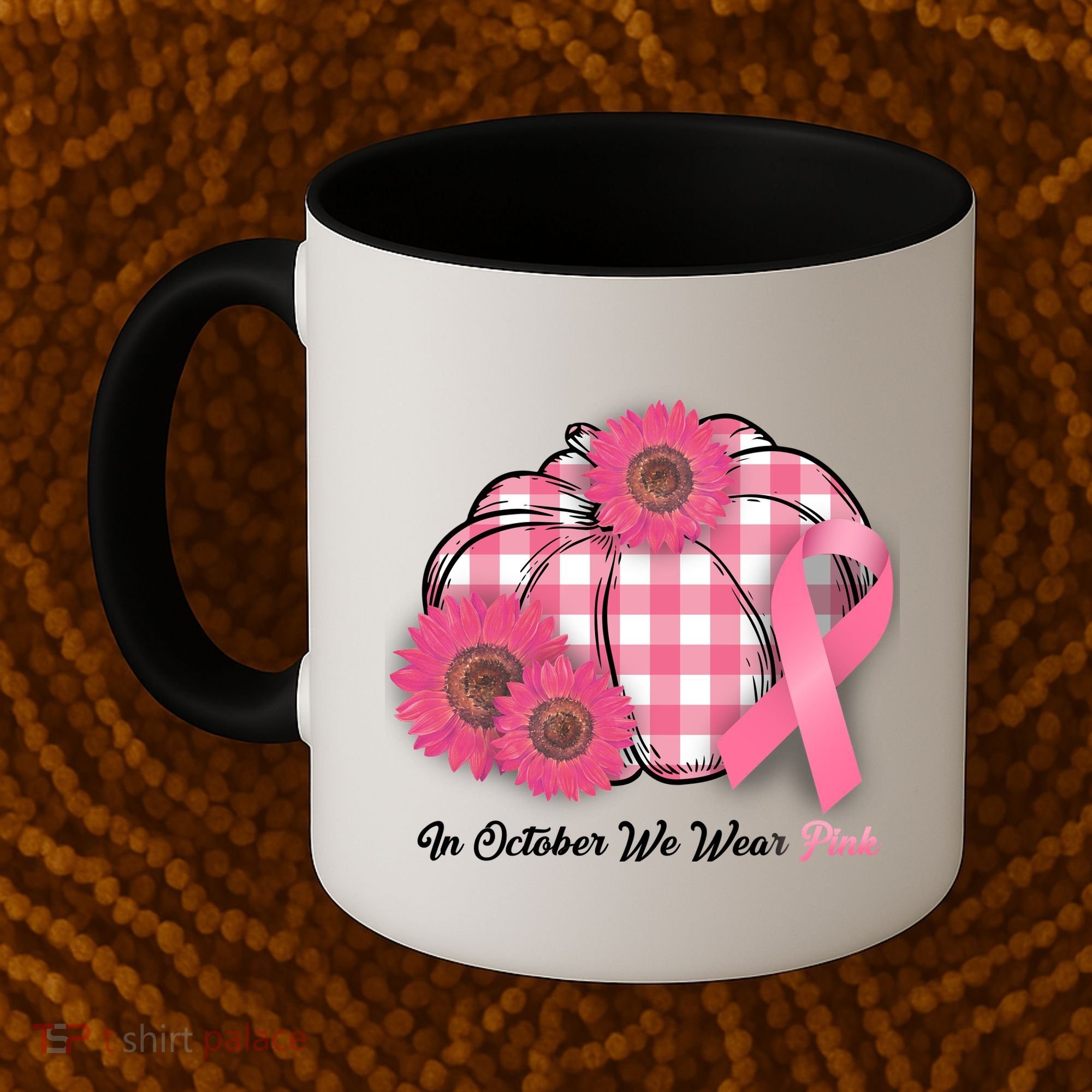 In October We Wear Pink Pumpkin Breast Cancer Plaid Coffee Mug