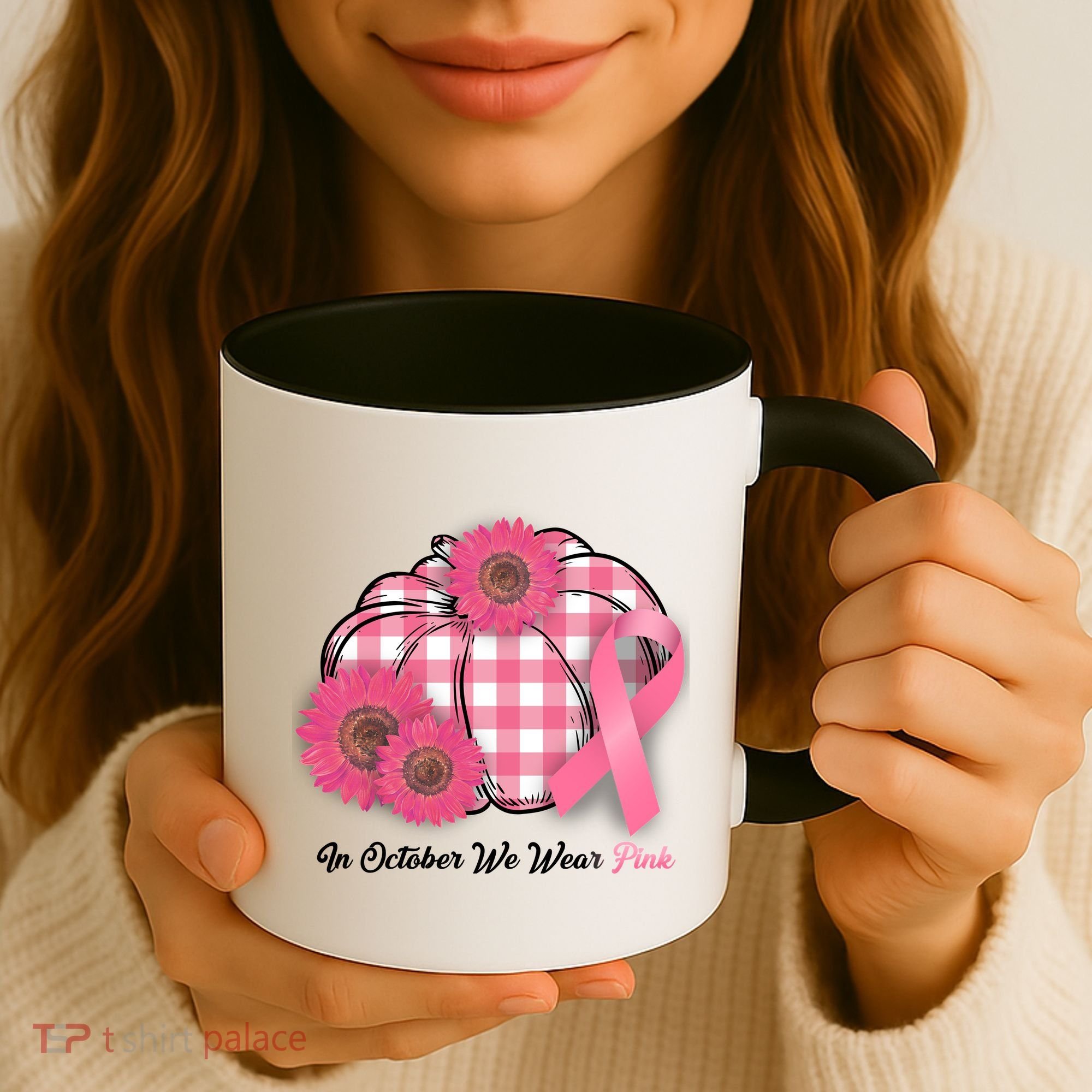In October We Wear Pink Pumpkin Breast Cancer Plaid Coffee Mug