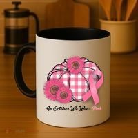 In October We Wear Pink Pumpkin Breast Cancer Plaid Coffee Mug thumb 4