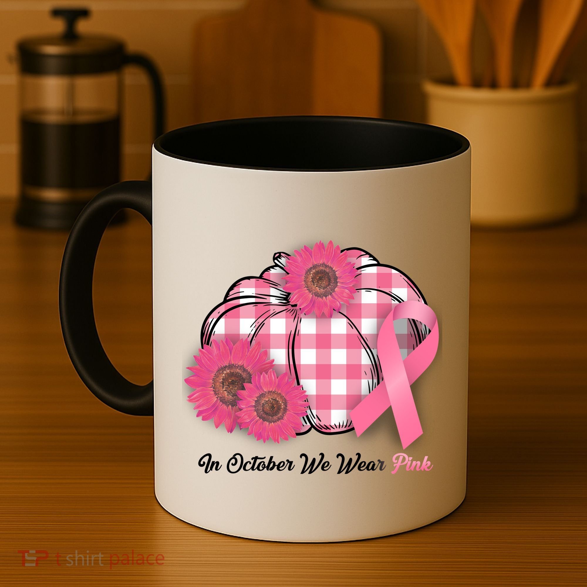 In October We Wear Pink Pumpkin Breast Cancer Plaid Coffee Mug