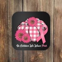 In October We Wear Pink Pumpkin Breast Cancer Plaid Coaster thumb 0