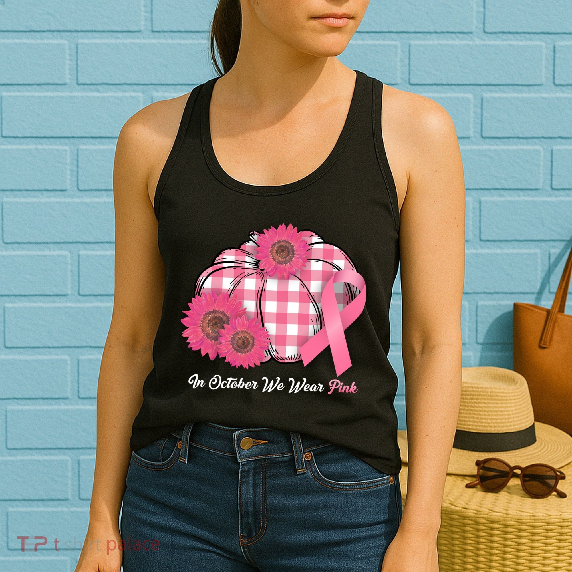 In October We Wear Pink Pumpkin Breast Cancer Plaid Women's Tank Top