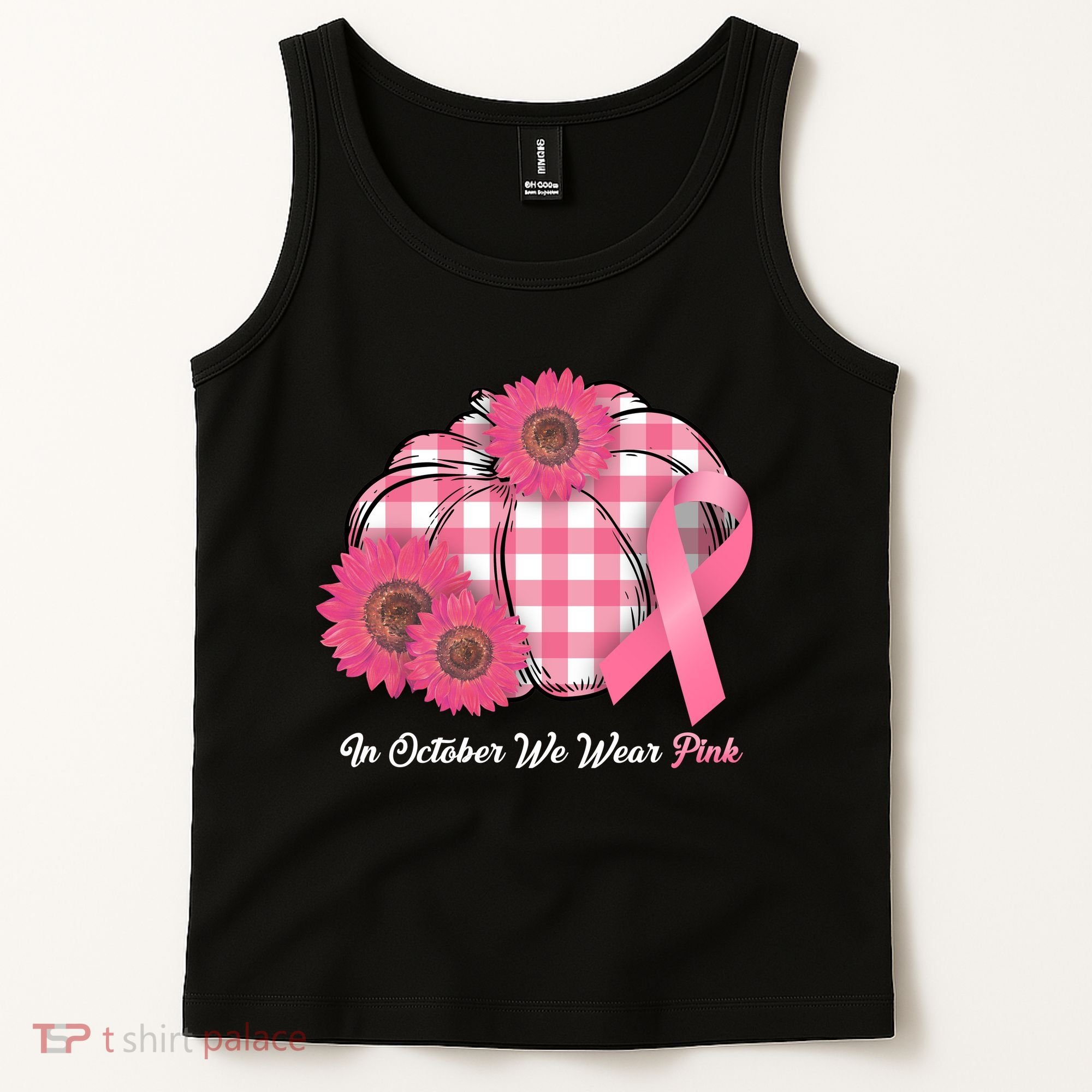 In October We Wear Pink Pumpkin Breast Cancer Plaid Tank Top