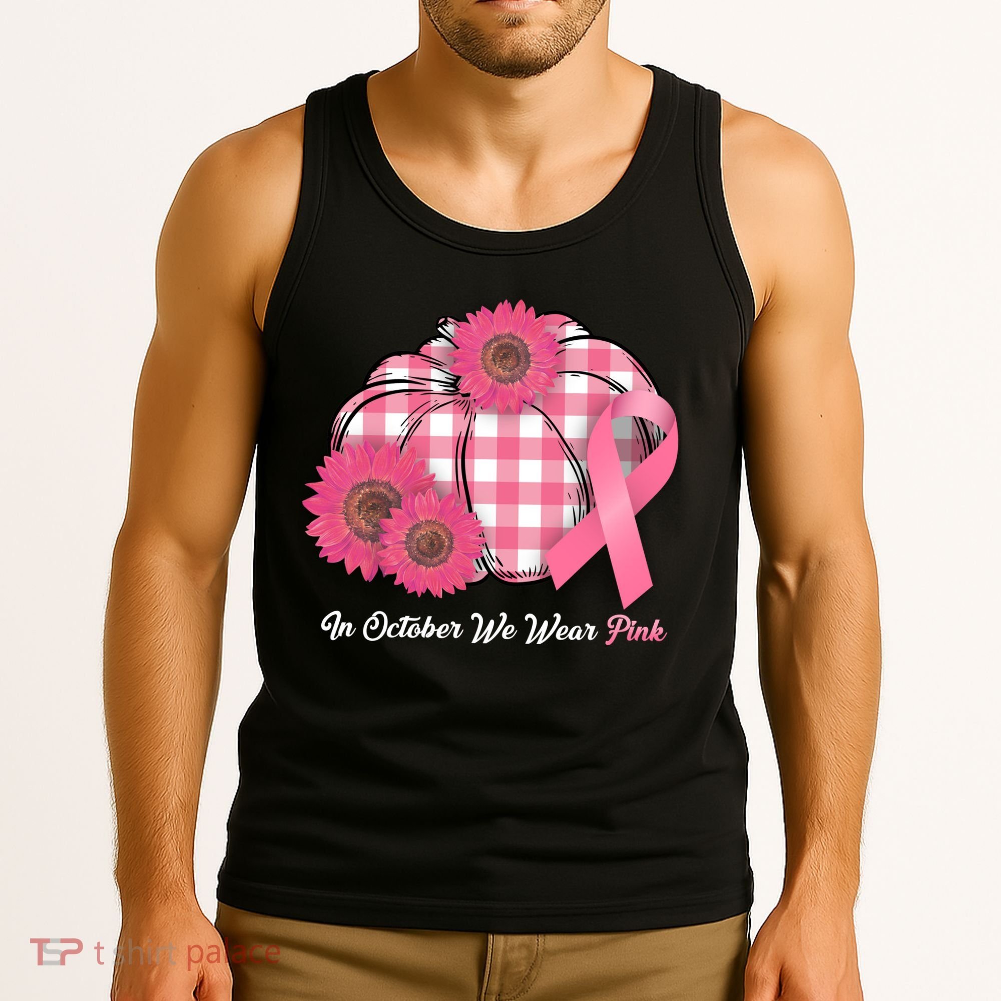In October We Wear Pink Pumpkin Breast Cancer Plaid Tank Top
