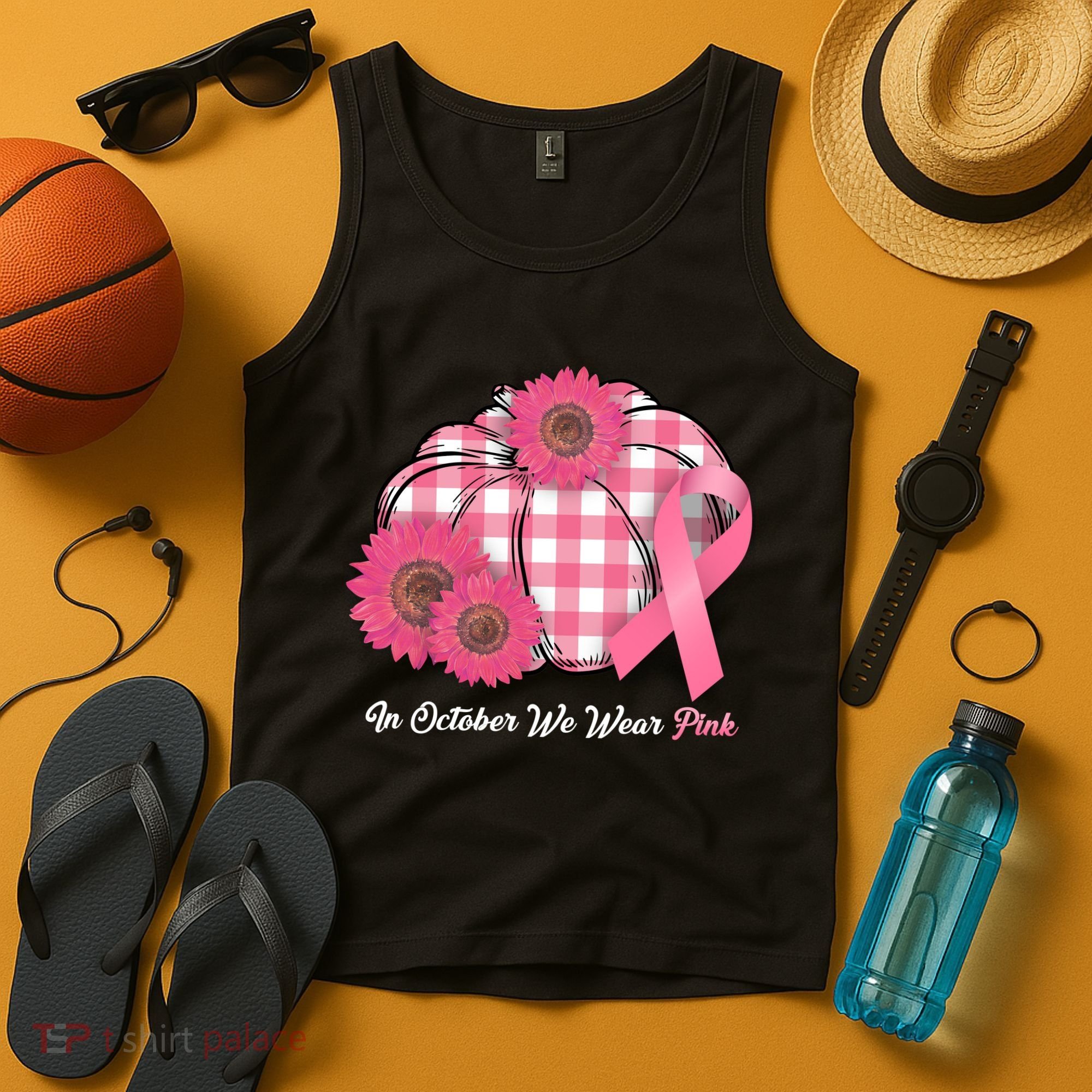 In October We Wear Pink Pumpkin Breast Cancer Plaid Tank Top