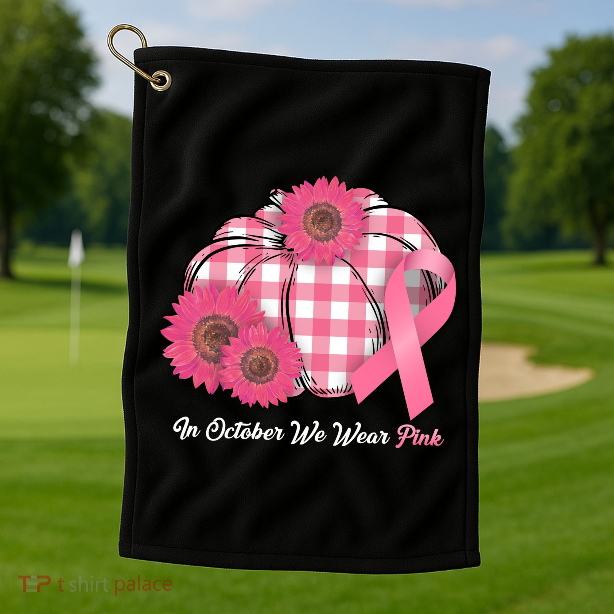 In October We Wear Pink Pumpkin Breast Cancer Plaid Golf Towel