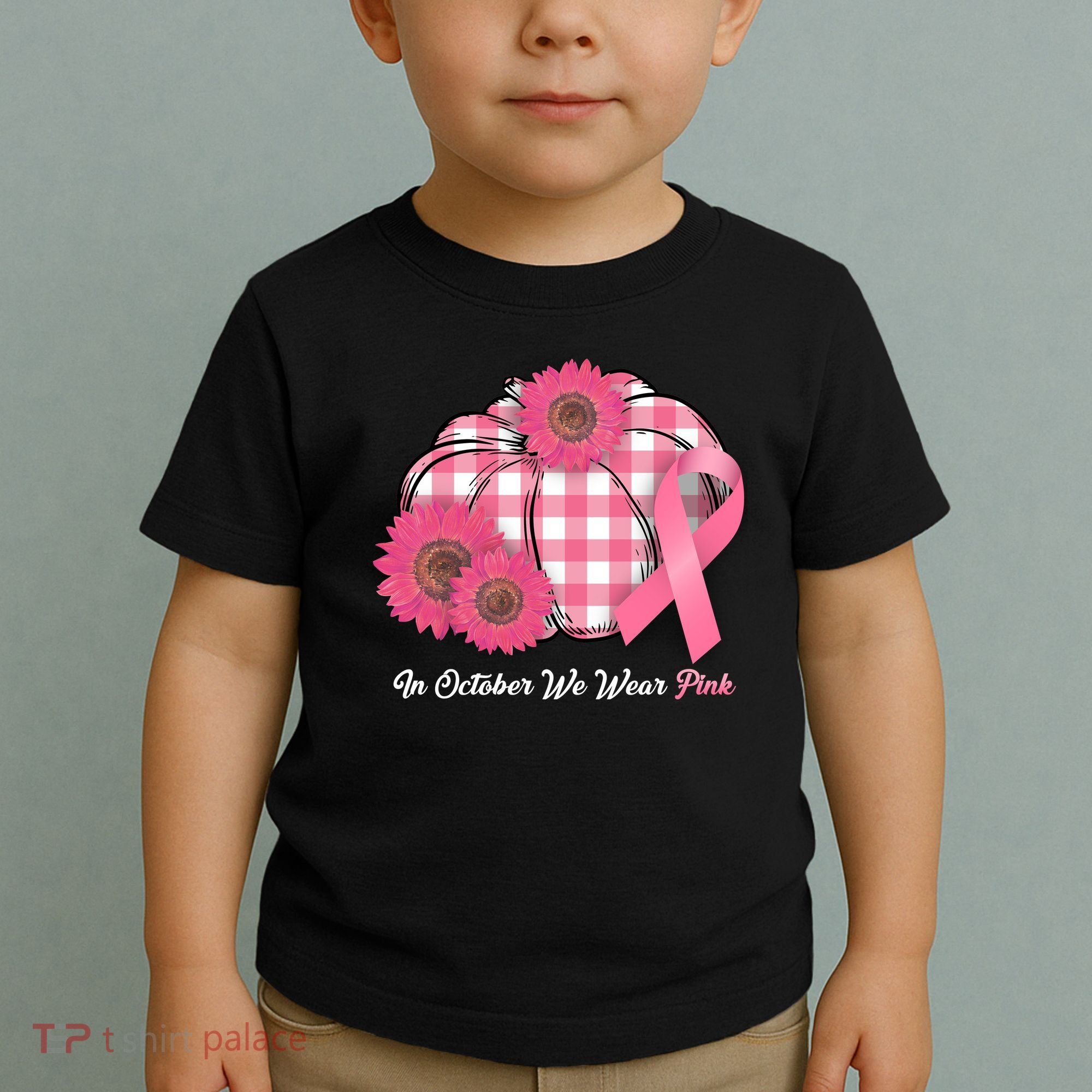 In October We Wear Pink Pumpkin Breast Cancer Plaid Toddler T-Shirt