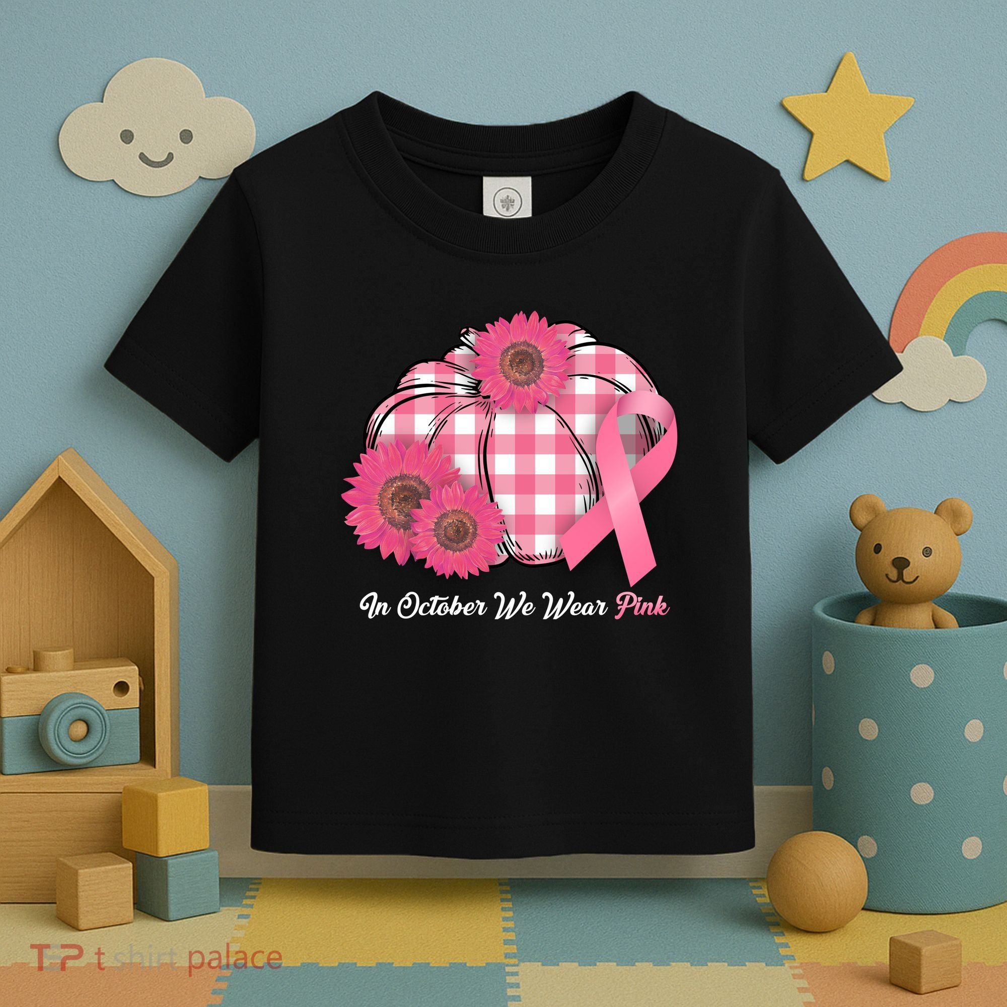 In October We Wear Pink Pumpkin Breast Cancer Plaid Toddler T-Shirt
