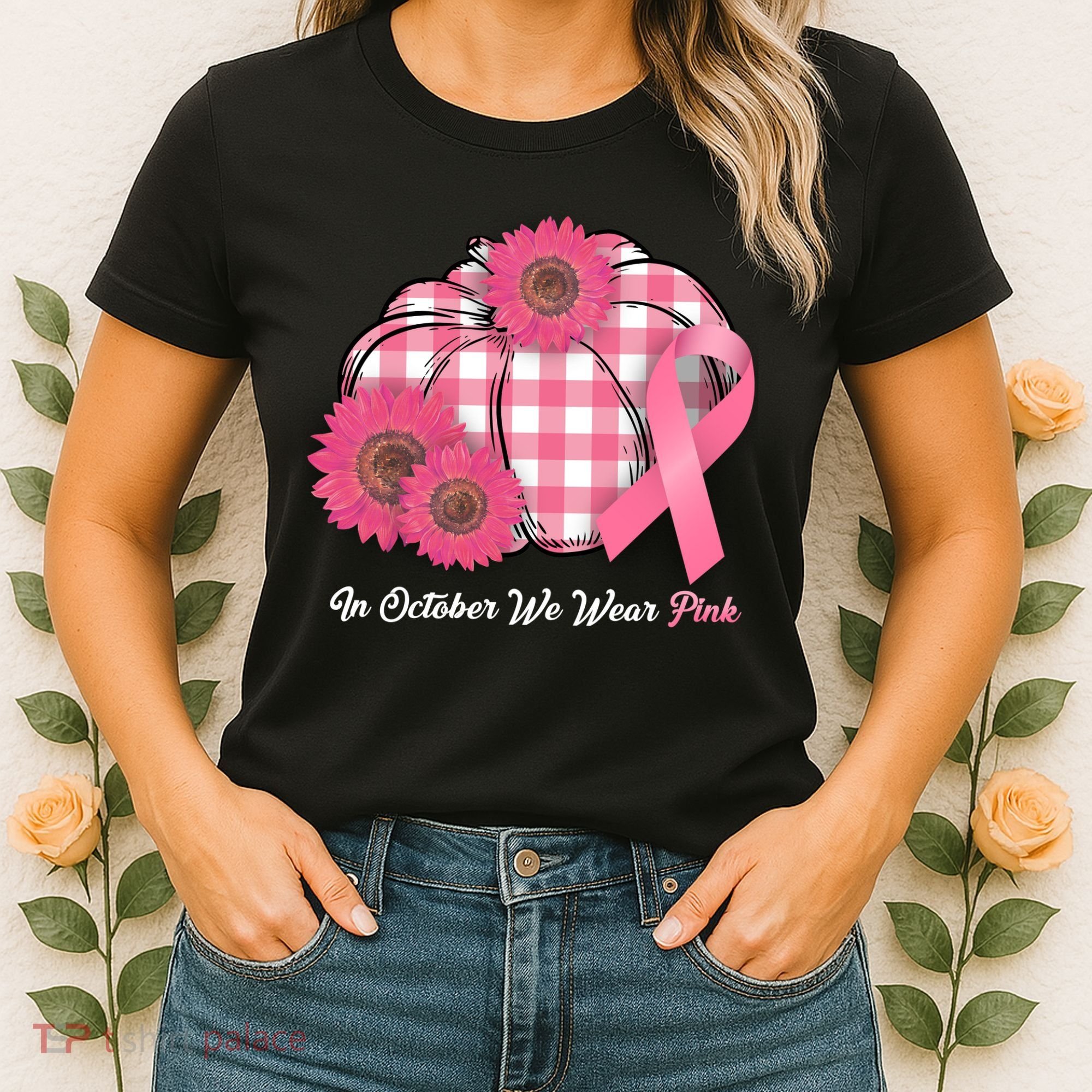 In October We Wear Pink Pumpkin Breast Cancer Plaid Women's T-Shirt