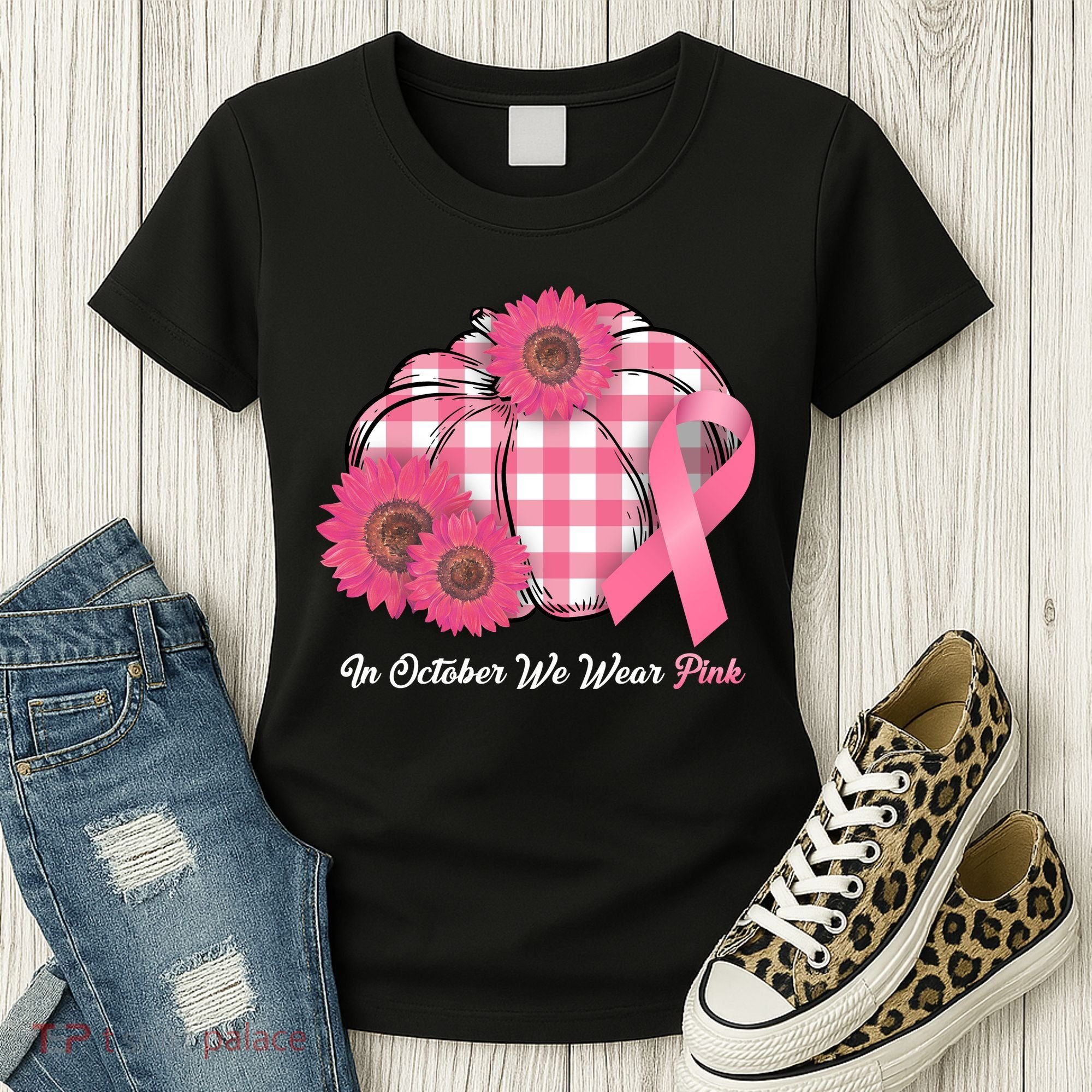 In October We Wear Pink Pumpkin Breast Cancer Plaid Women's T-Shirt