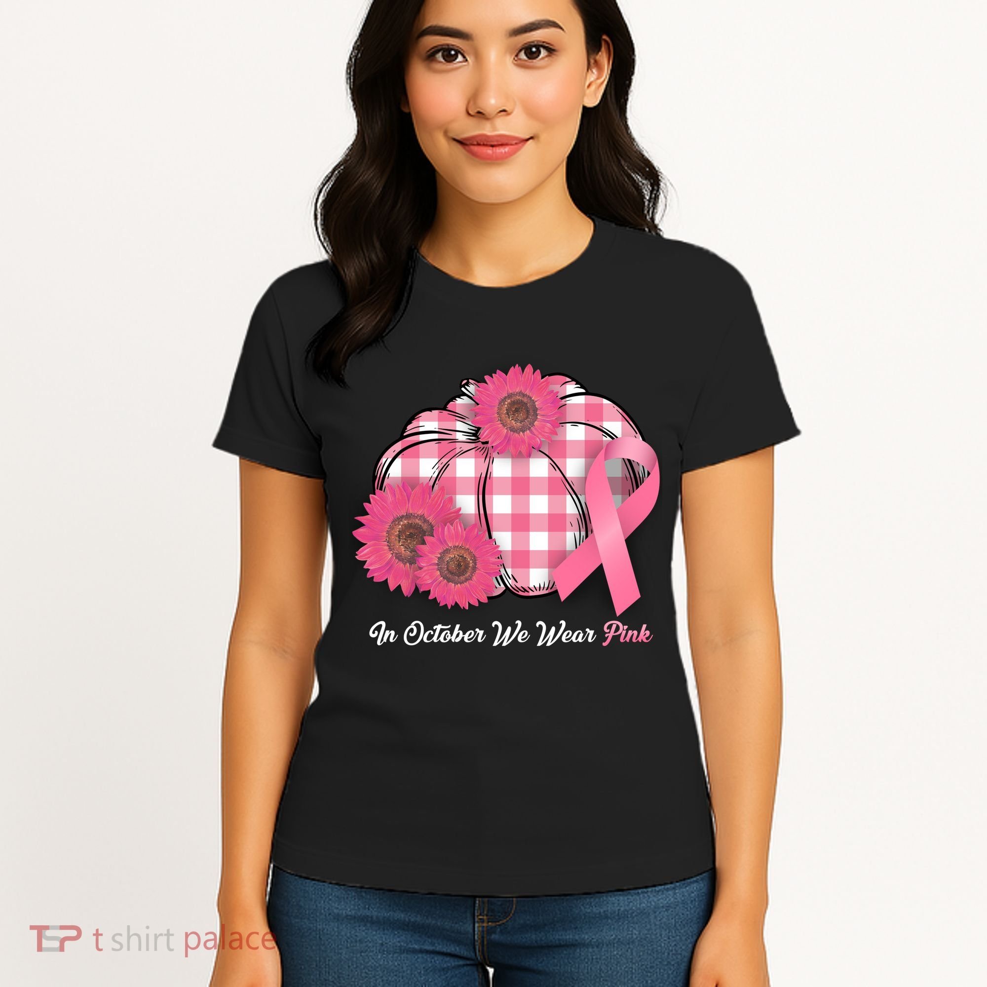 In October We Wear Pink Pumpkin Breast Cancer Plaid Women's T-Shirt