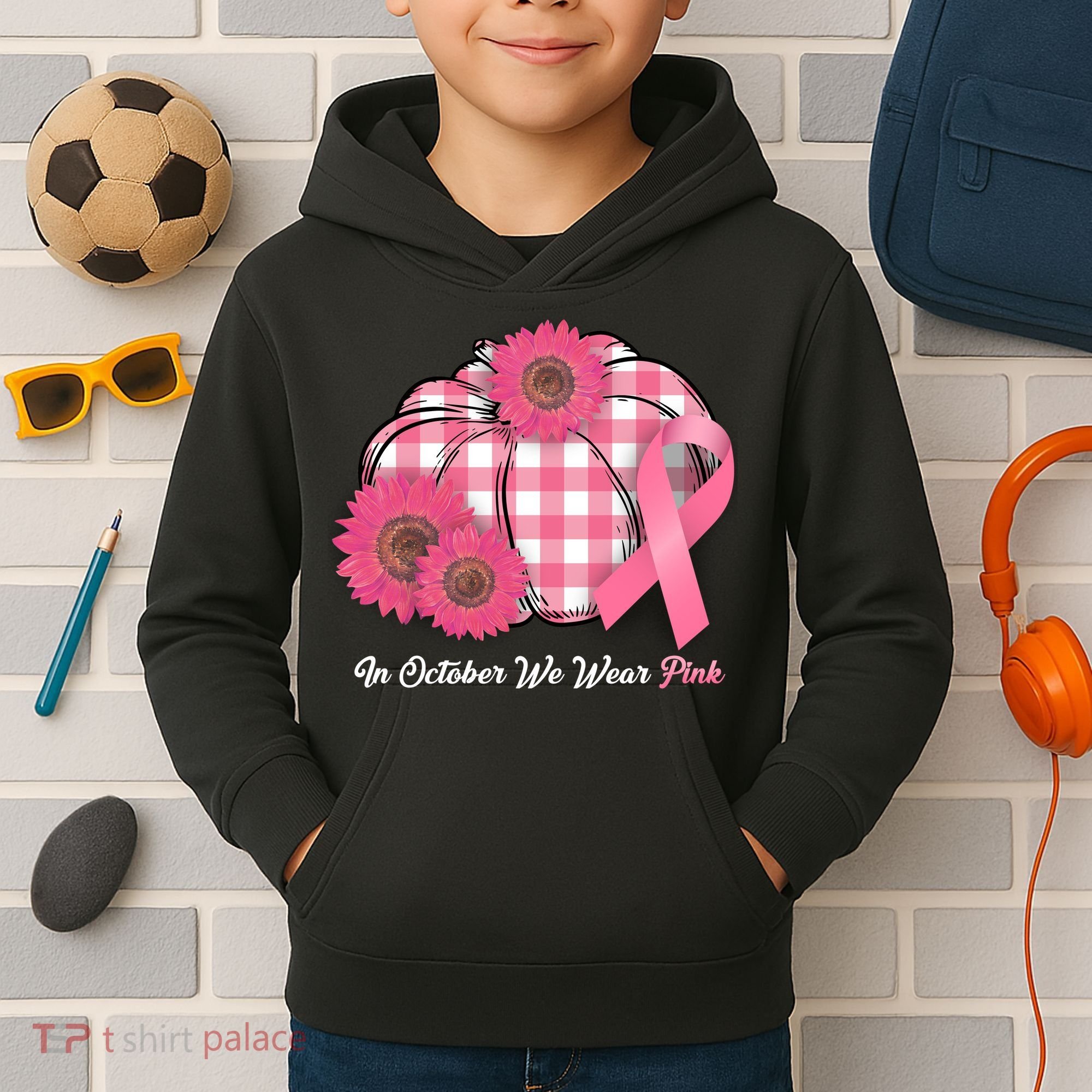 In October We Wear Pink Pumpkin Breast Cancer Plaid Kids Hoodie